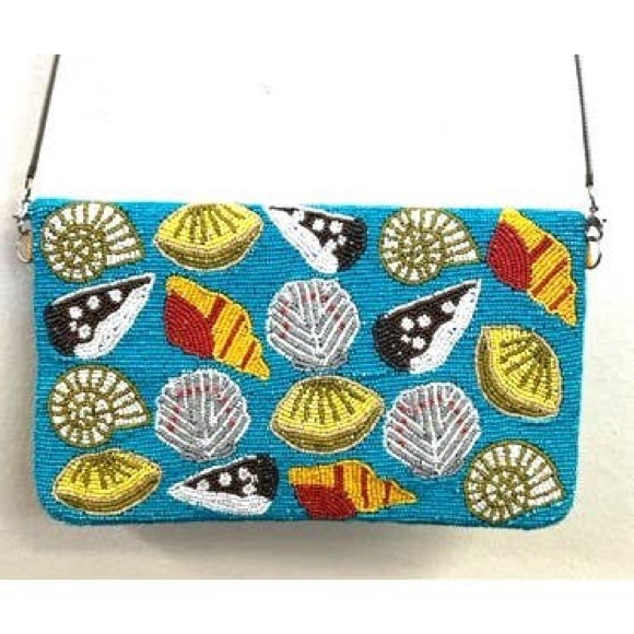 Vibrant Turquoise Seashell Beaded Clutch